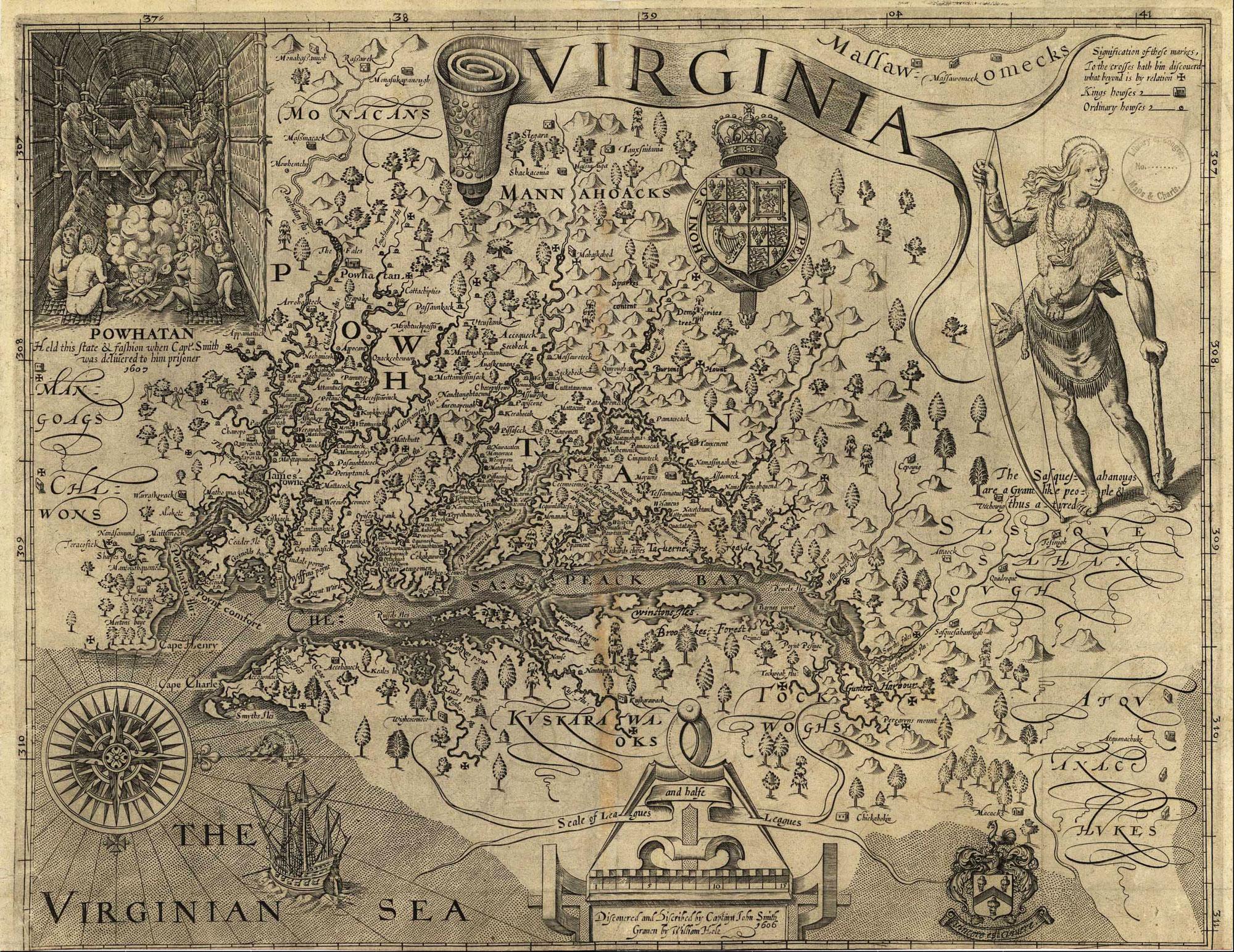 John Smith's detailed map showing the falls and sacred sites